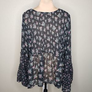 American Eagle Sheer Black Floral Bell Sleeve Top - XXL